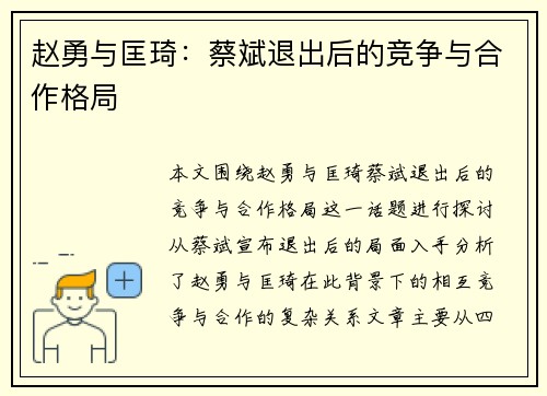 赵勇与匡琦：蔡斌退出后的竞争与合作格局